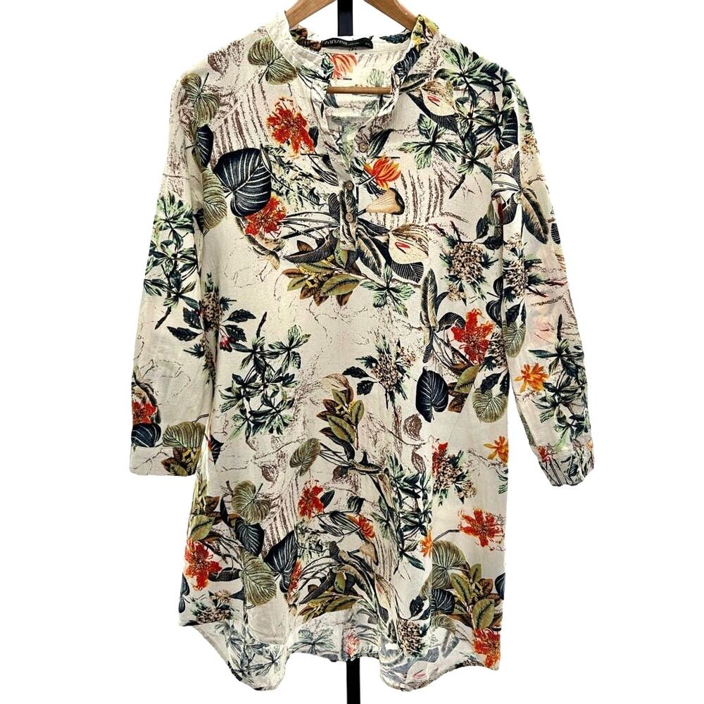 Zanzea Collection Tropical Print Long Sleeve 100% Cotton Shirt Dress Sz XL